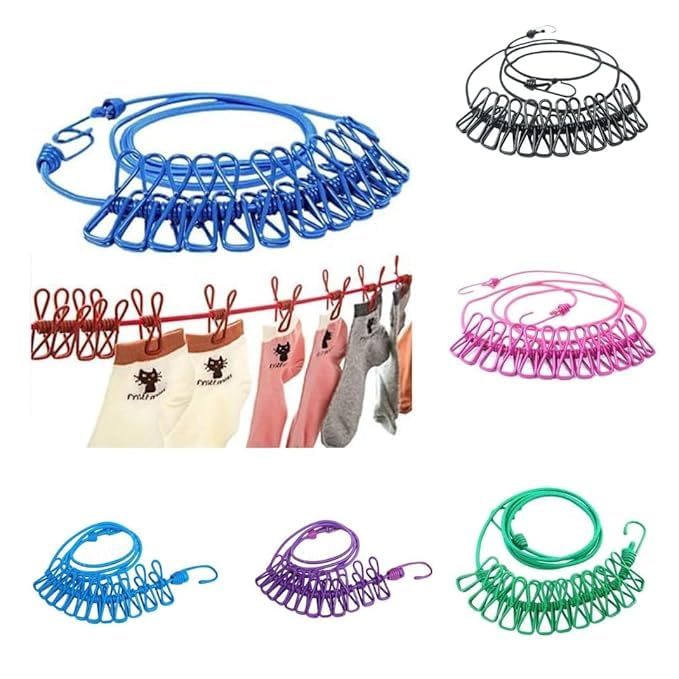 2-Pack Portable Elastic Clothesline with Hooks & Clips  No-Drill Drying Rope for Indoor & Outdoor Use