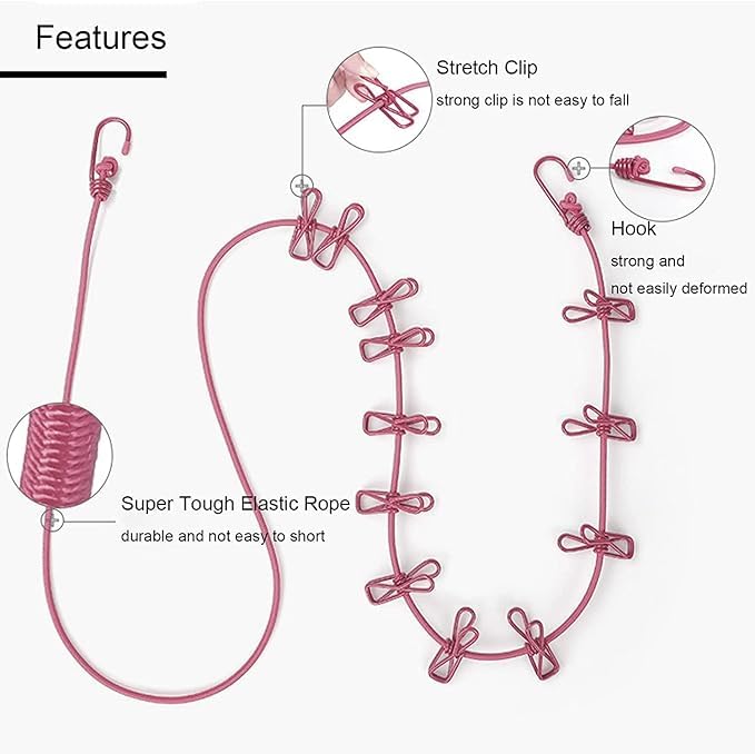 2-Pack Portable Elastic Clothesline with Hooks & Clips  No-Drill Drying Rope for Indoor & Outdoor Use