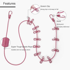 2-Pack Portable Elastic Clothesline with Hooks & Clips  No-Drill Drying Rope for Indoor & Outdoor Use