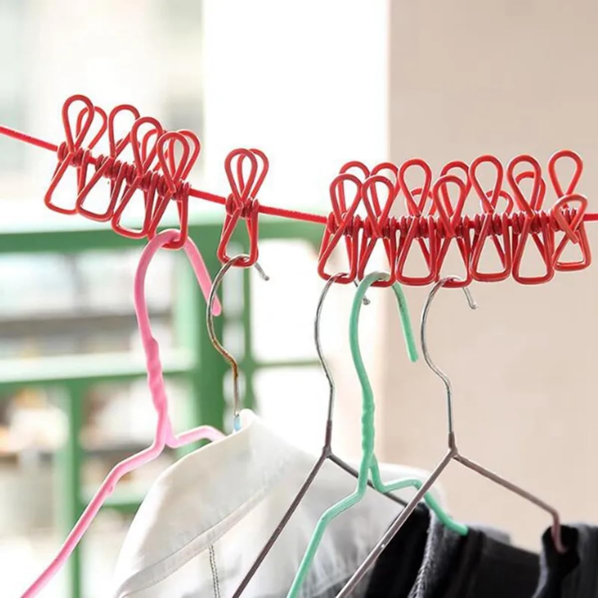 2-Pack Portable Elastic Clothesline with Hooks & Clips  No-Drill Drying Rope for Indoor & Outdoor Use