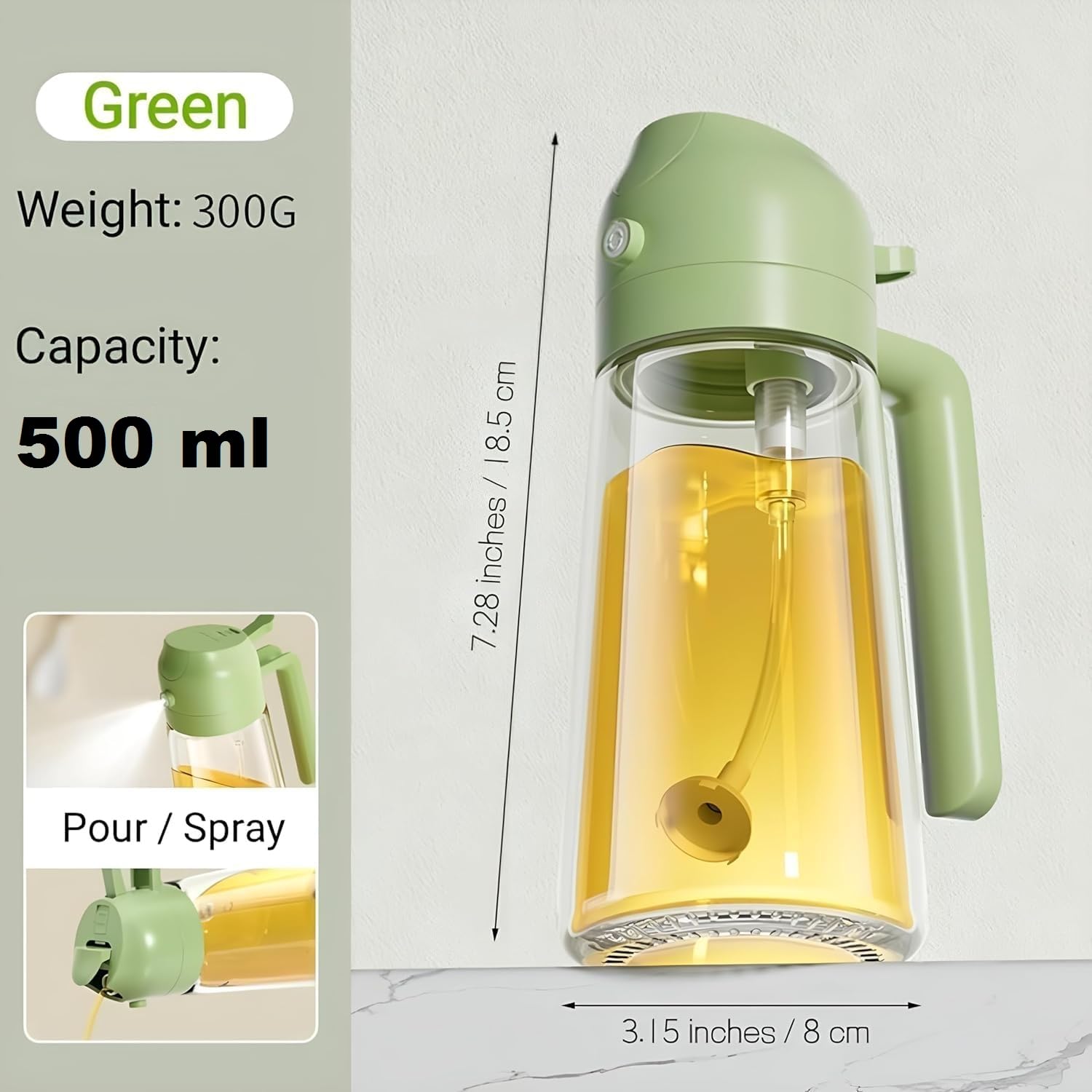 TrendPlain 2-in-1 Olive Oil Sprayer – 16oz Glass Dispenser, Green