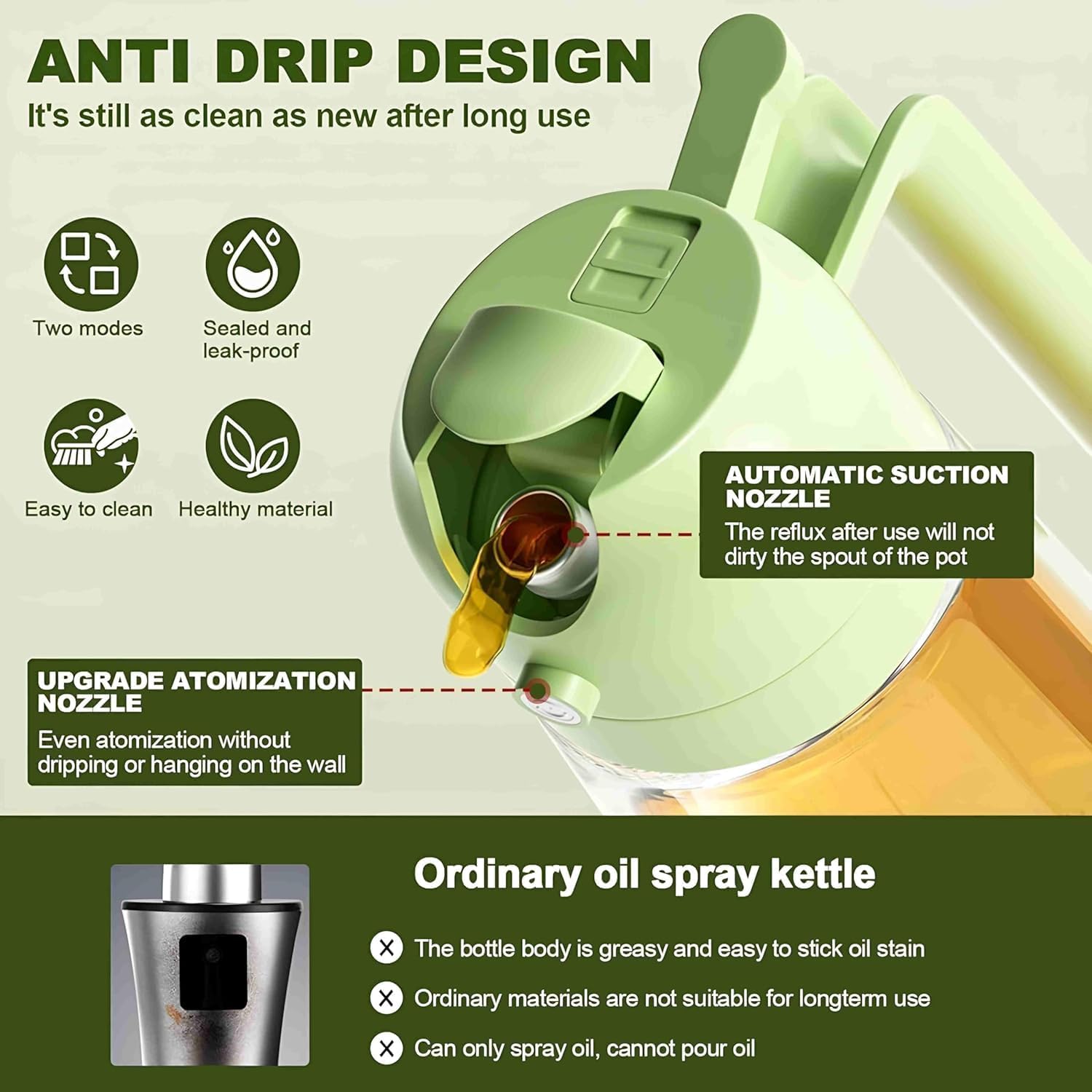 TrendPlain 2-in-1 Olive Oil Sprayer – 16oz Glass Dispenser, Green
