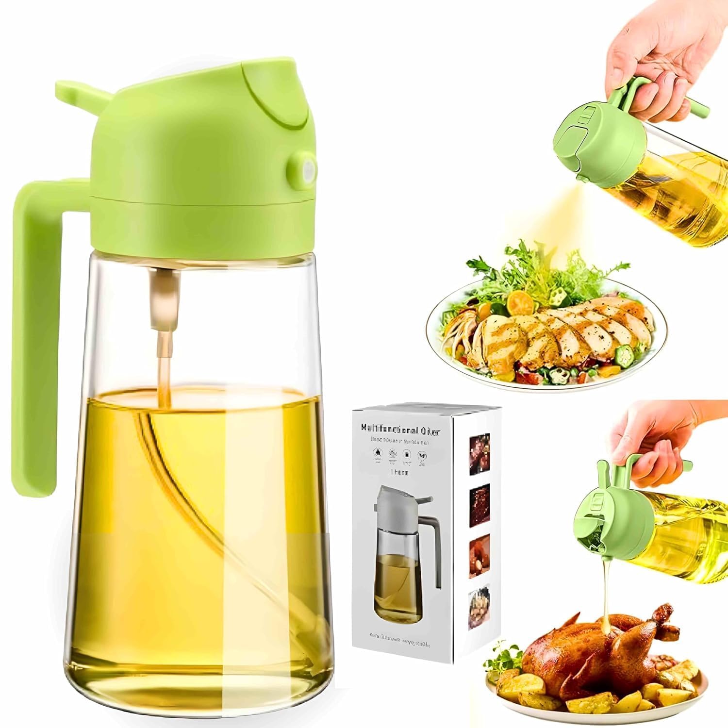 TrendPlain 2-in-1 Olive Oil Sprayer – 16oz Glass Dispenser, Green